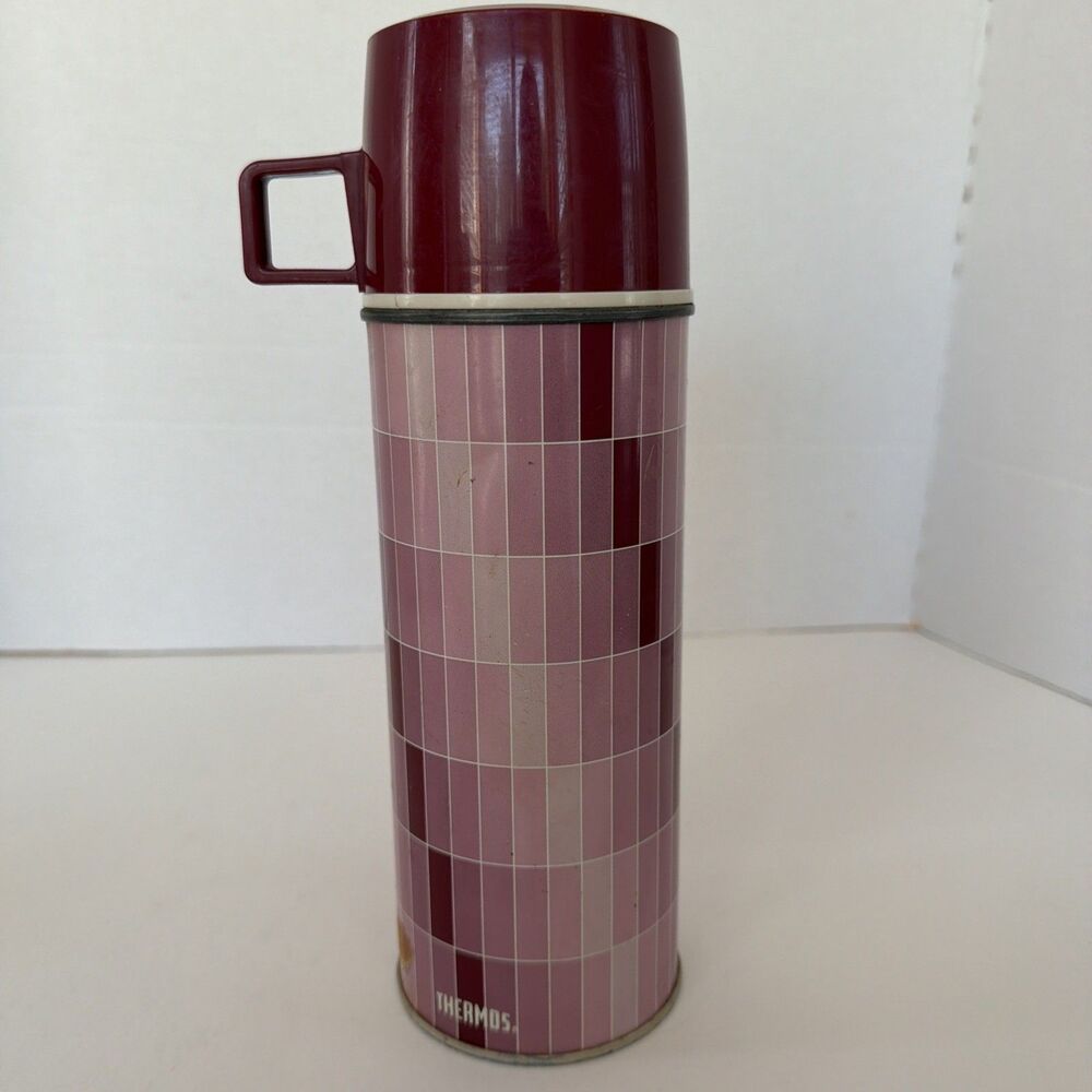 Vintage Thermos Vacuum Bottle Pink Burgundy Ombre Windowpane Plaid Retro Grid